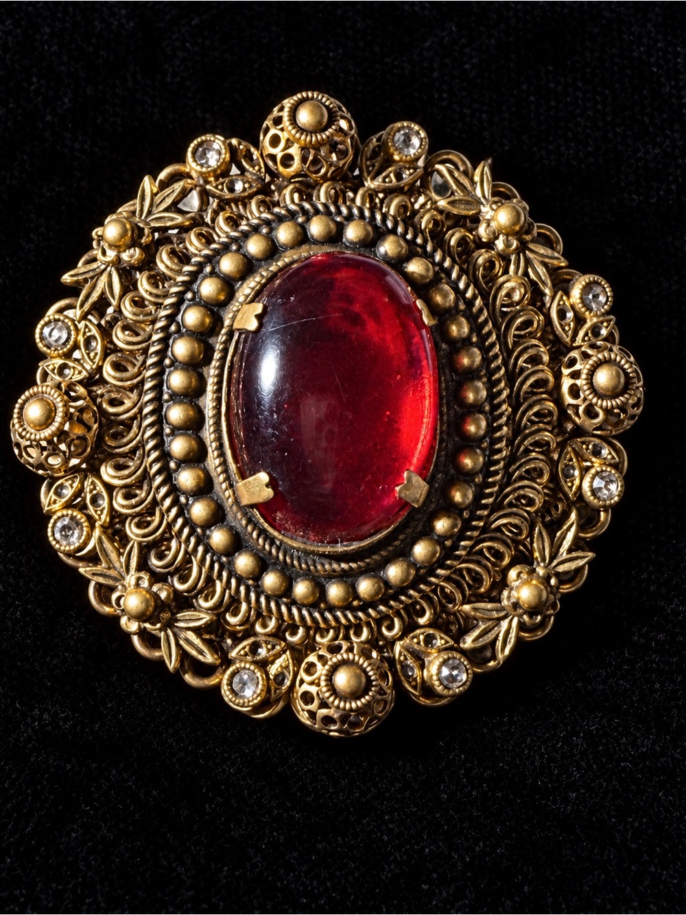 Antique-Style Gold Austrian Brooch with Deep Red Cabochon